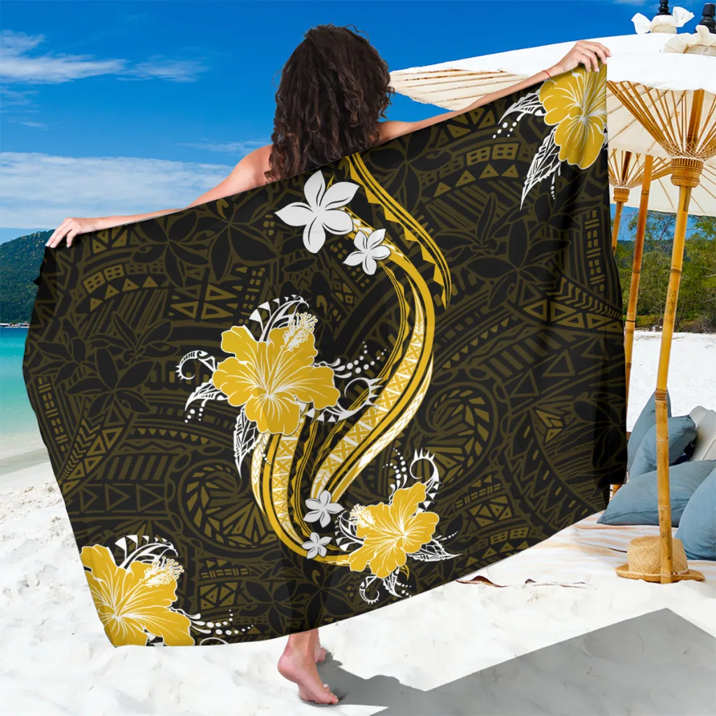 Gold Polynesian Pattern With Tropical Flowers Sarong - main view