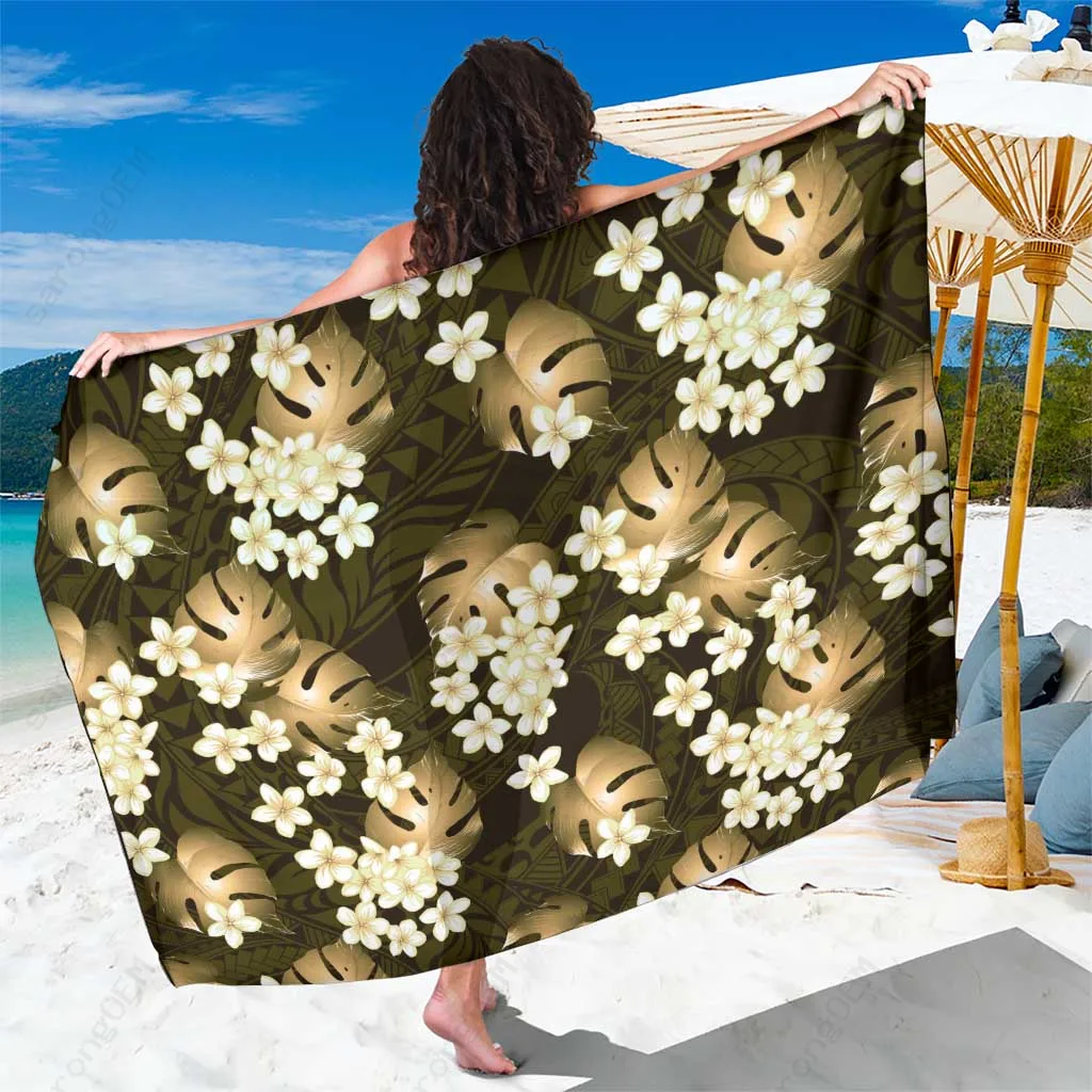 Gold Tropical Sarong with Monstera & Plumeria Hawaiian Print Beach Wrap Pareo Wholesale - main view