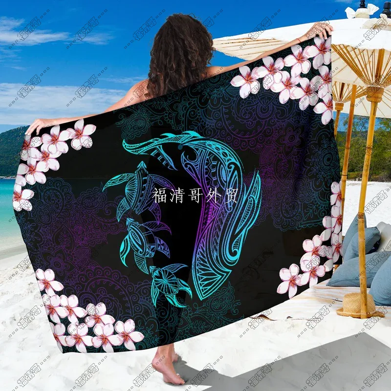 Gradient Tribal Whale with Plumeria Flowers Sarong Pareo Cover Up Custom Printed Rayon Sarong - Custom Sarong
