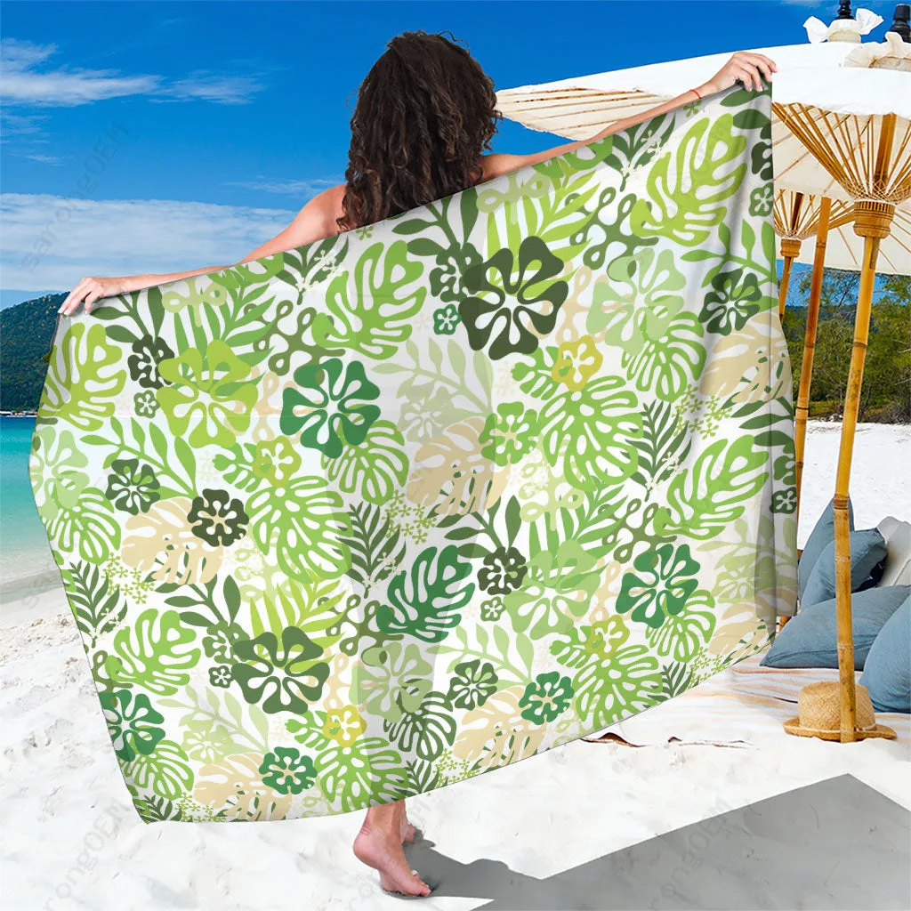 Green Monstera Hibiscus Tropical Print Sarong Hawaiian Style Beach Wrap Pareo Wholesale - main view