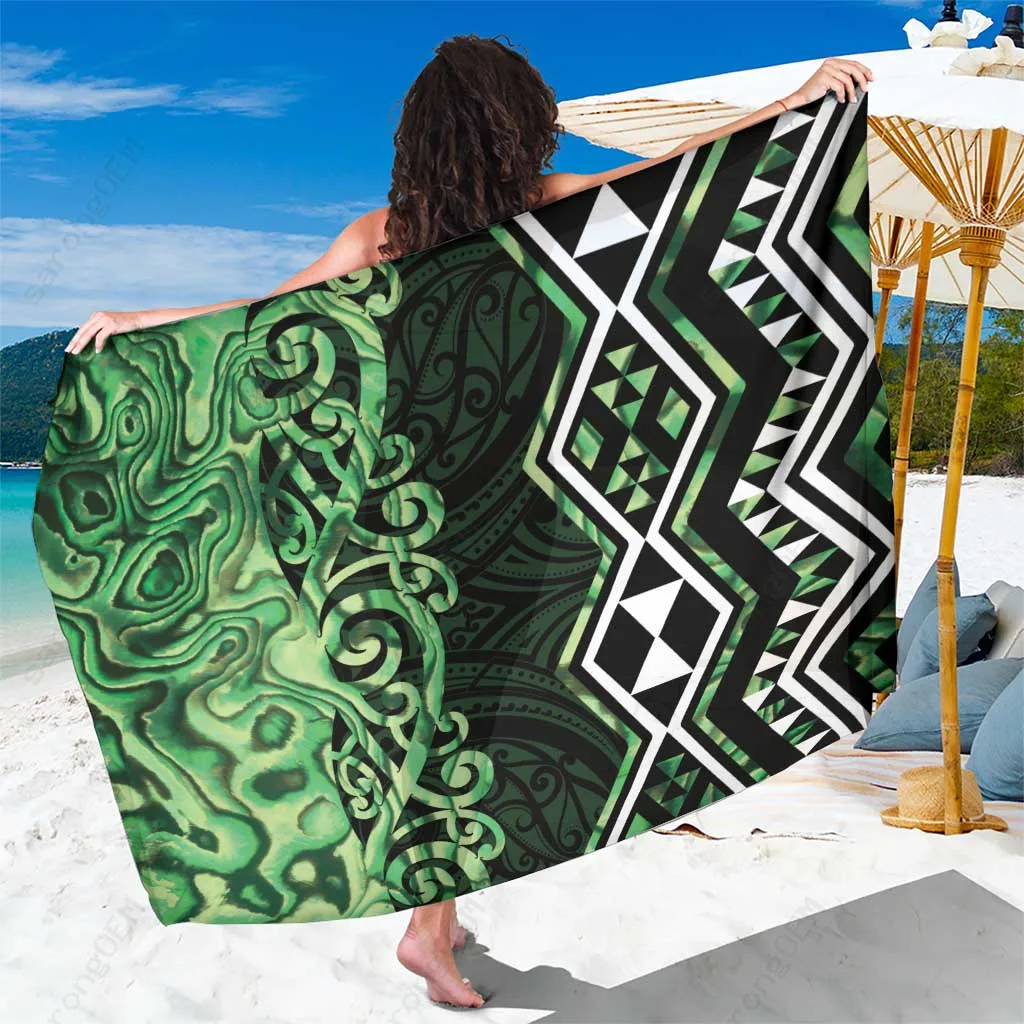 Green Aotearoa Sarong with Paua Shell Taniko Motifs – South Pacific Beach Wrap Wholesale Pareo - main view