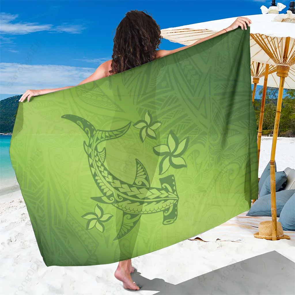 Green Gradient Polynesia Tribal Hammerhead Shark Print Sarong Hawaiian Beach Wrap Pareo Wholesale - main view