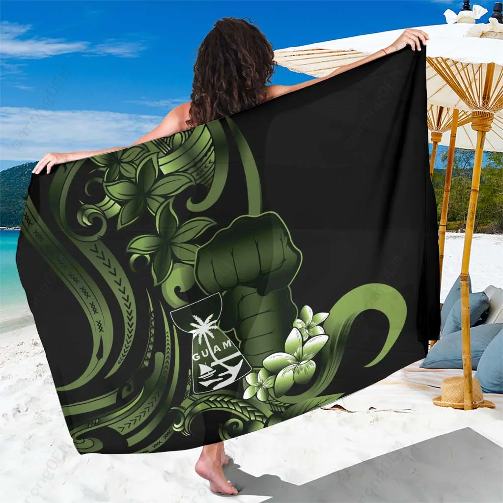 Green Hafa Adai Guam Sarong with Plumeria Chamorro Latte Stone Hand Print Tropical Beach Wrap Wholesale Pareo - main view