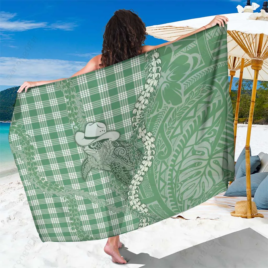 Green Turtle Hawaiian Palaka Cowboy Print Sarong Beach Wrap Pareo Tropical Island Resort Cover Up Wholesale - main view