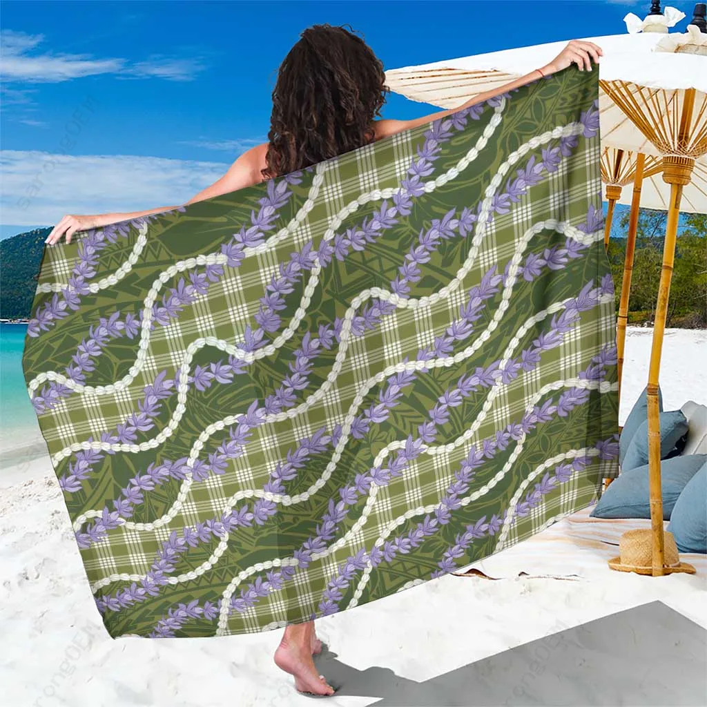 Green Hawaii Palaka Honohono Pikake Orchid Lei Hibiscus Print Sarong Polynesian Beach Wrap Wholesale Pareo - main view
