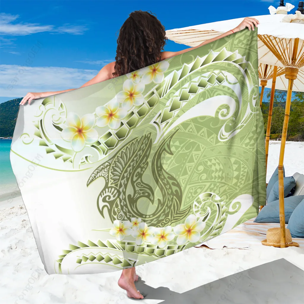 Green Hawaii Frangipani Polynesian Tattoo Print Sarong Beach Wrap Tropical Island Cover Up Wholesale Pareo - main view