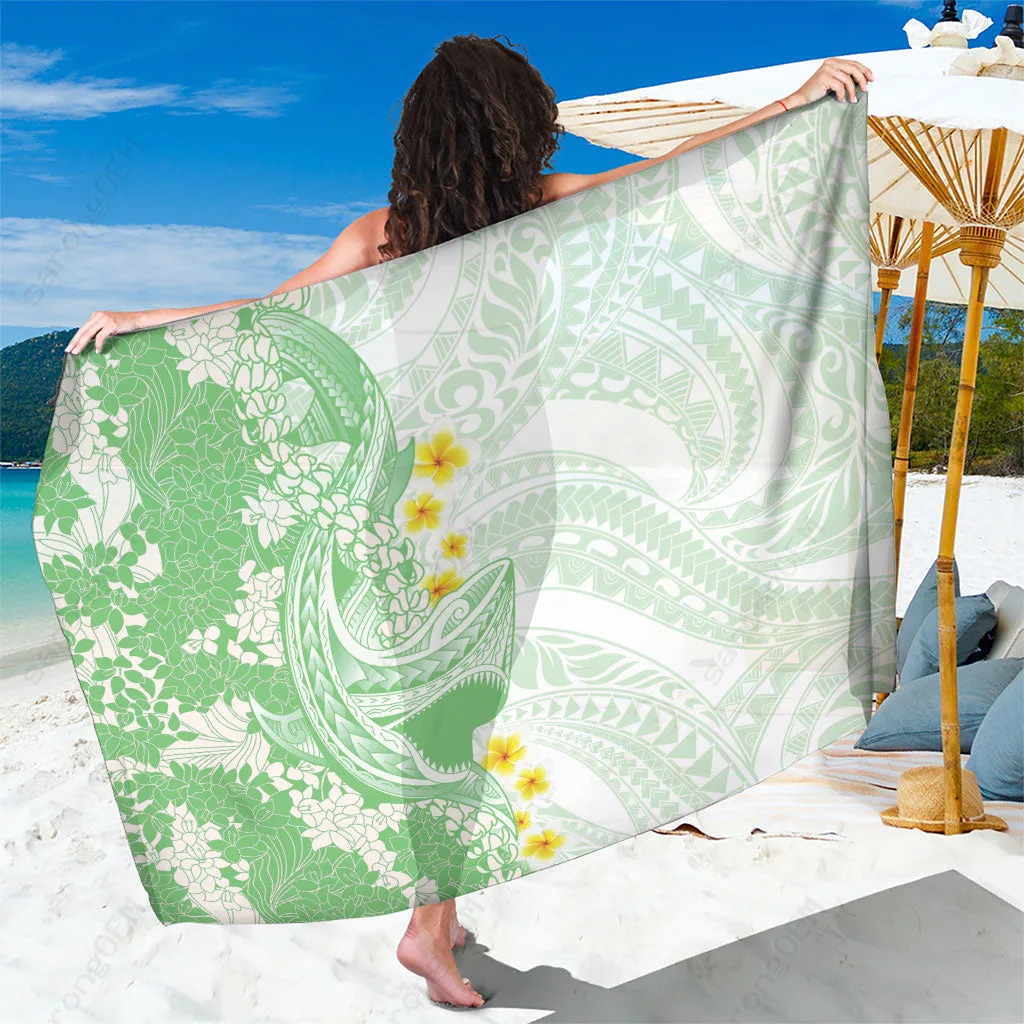 Green Hawaii Shark Tattoo Puakenikeni Lei Plumeria Polynesian Print Sarong Beach Wrap Tropical Resort Pareo Wholesale - main view