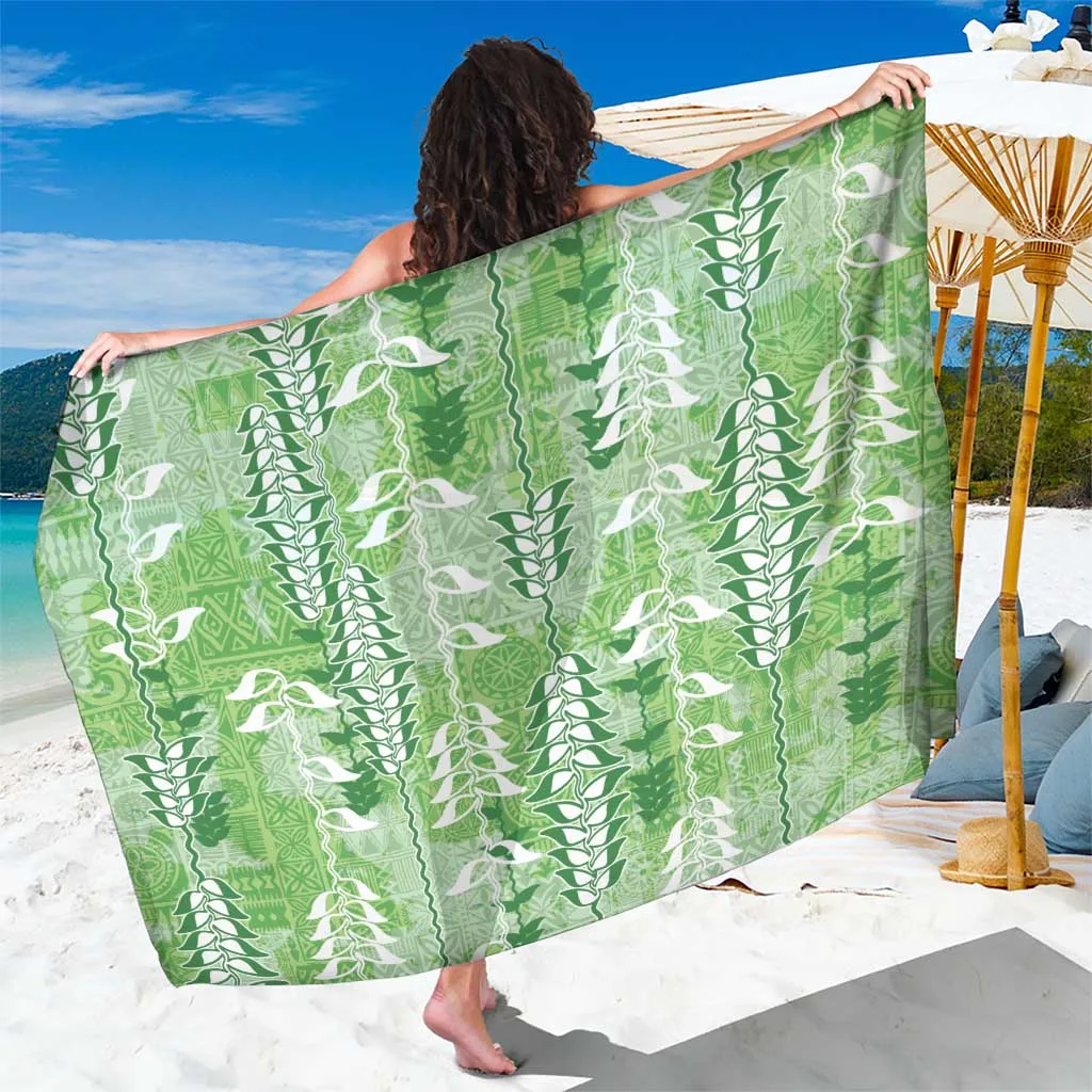 Green Hawaii Tapa Pattern Sarong with Heliconia Vintage Style Beach Wrap Pareo for Resort Wholesale - main view