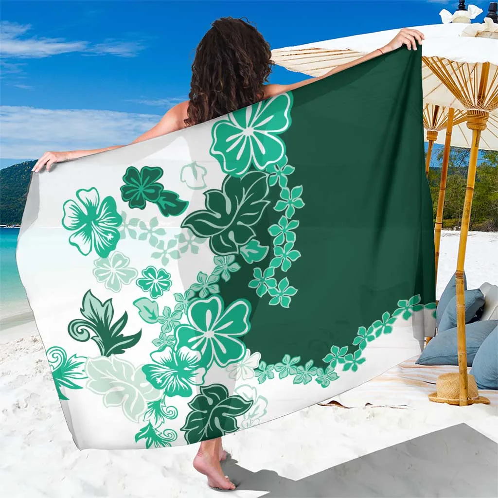 Green Hibiscus Plumeria Floral Sarong - main view