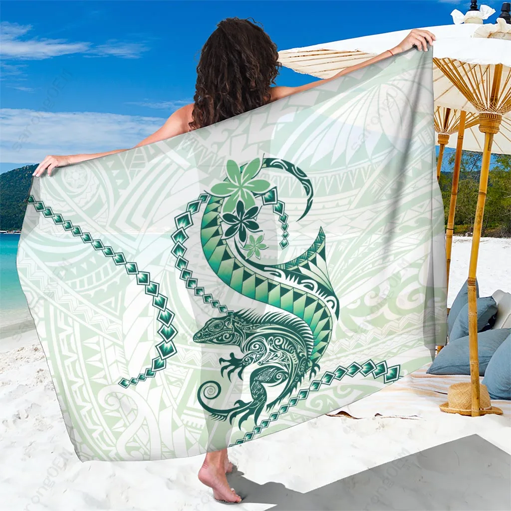 Green Maori Tuatara Lizard Palm Print Sarong South Pacific Resort Beach Wrap Wholesale Pareo - main view