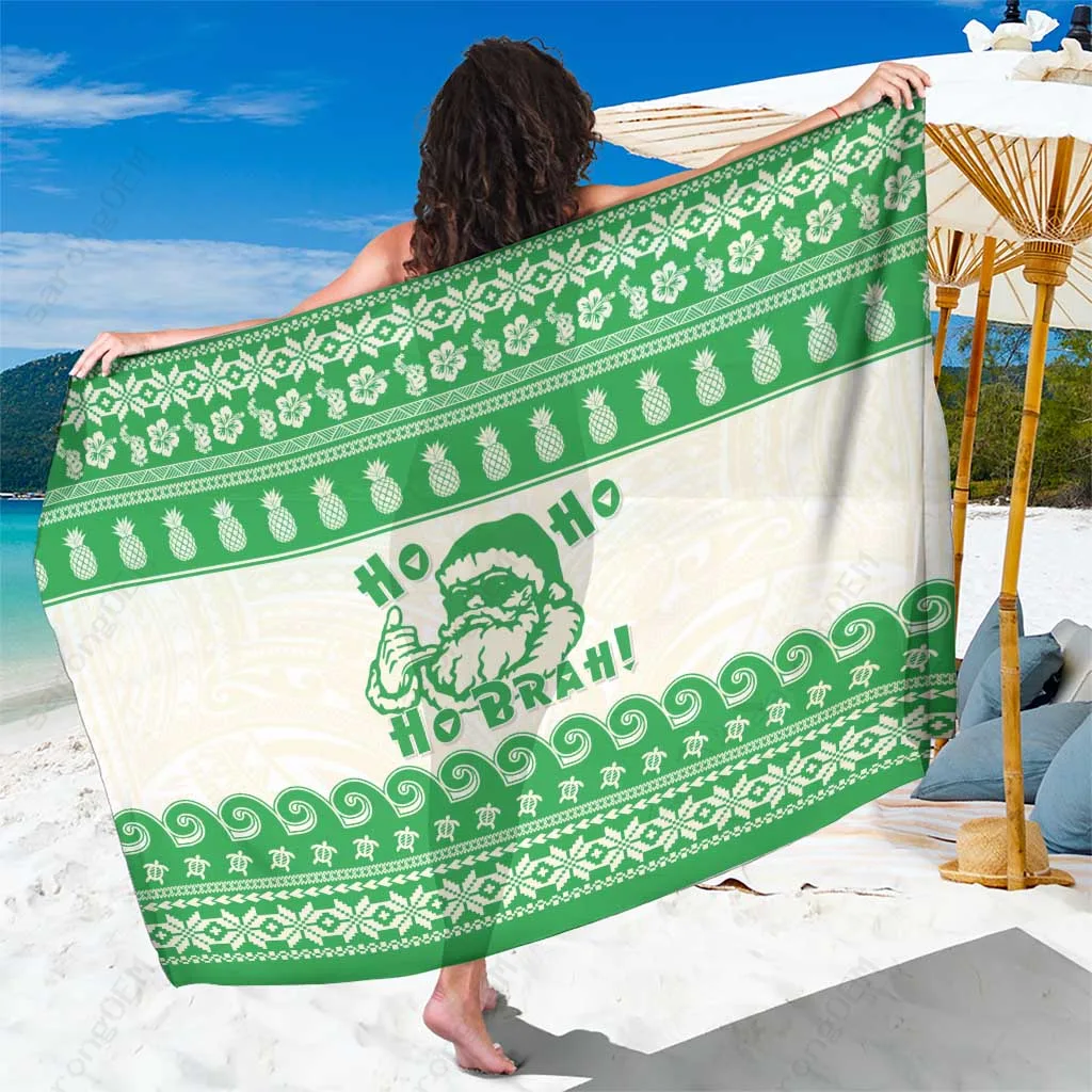 Green Mele Kalikimaka Hawaii Sarong Funny Ho Ho Ho Santa Shaka Tropical Beach Wrap Pareo Wholesale - main view