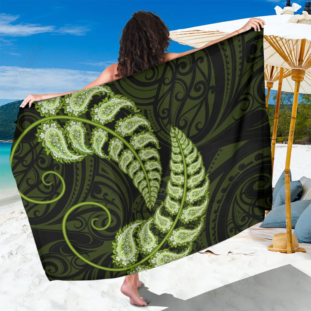 Green Paisley Silver Fern Sarong Maori Aotearoa Beach Wrap Pareo Summer Resort Cover Up Wholesale - main view