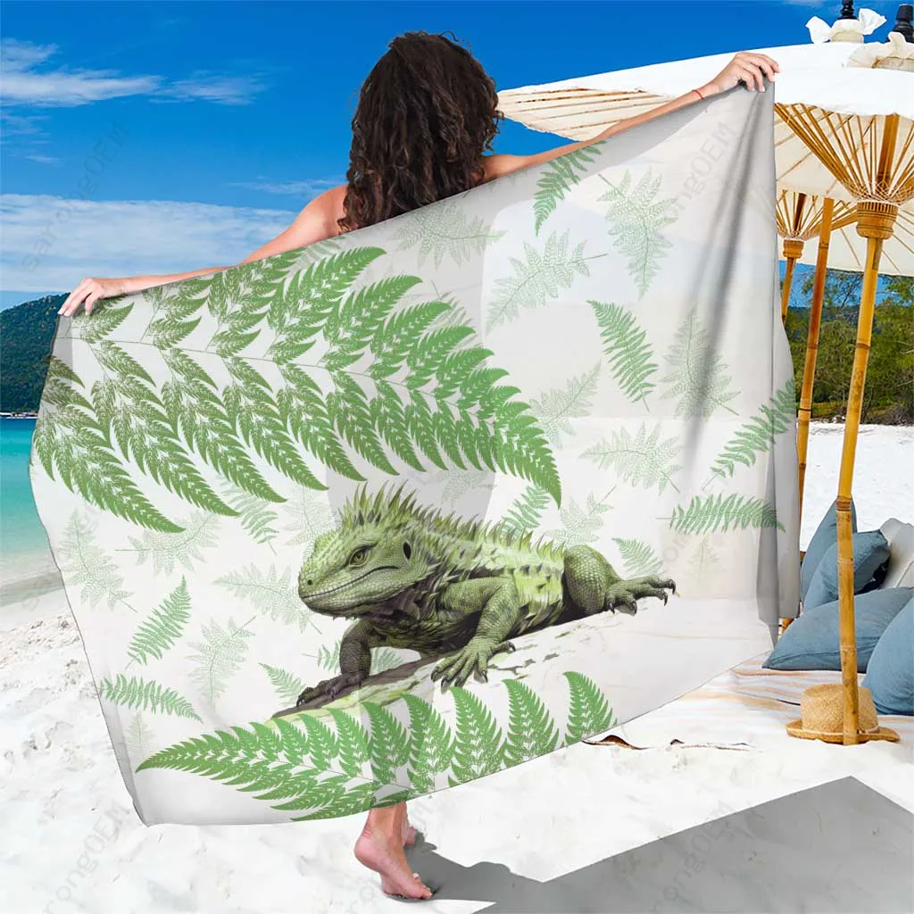 Green New Zealand Tuatara Silver Fern Tribal Print Sarong South Pacific Beach Wrap Pareo Wholesale - main view