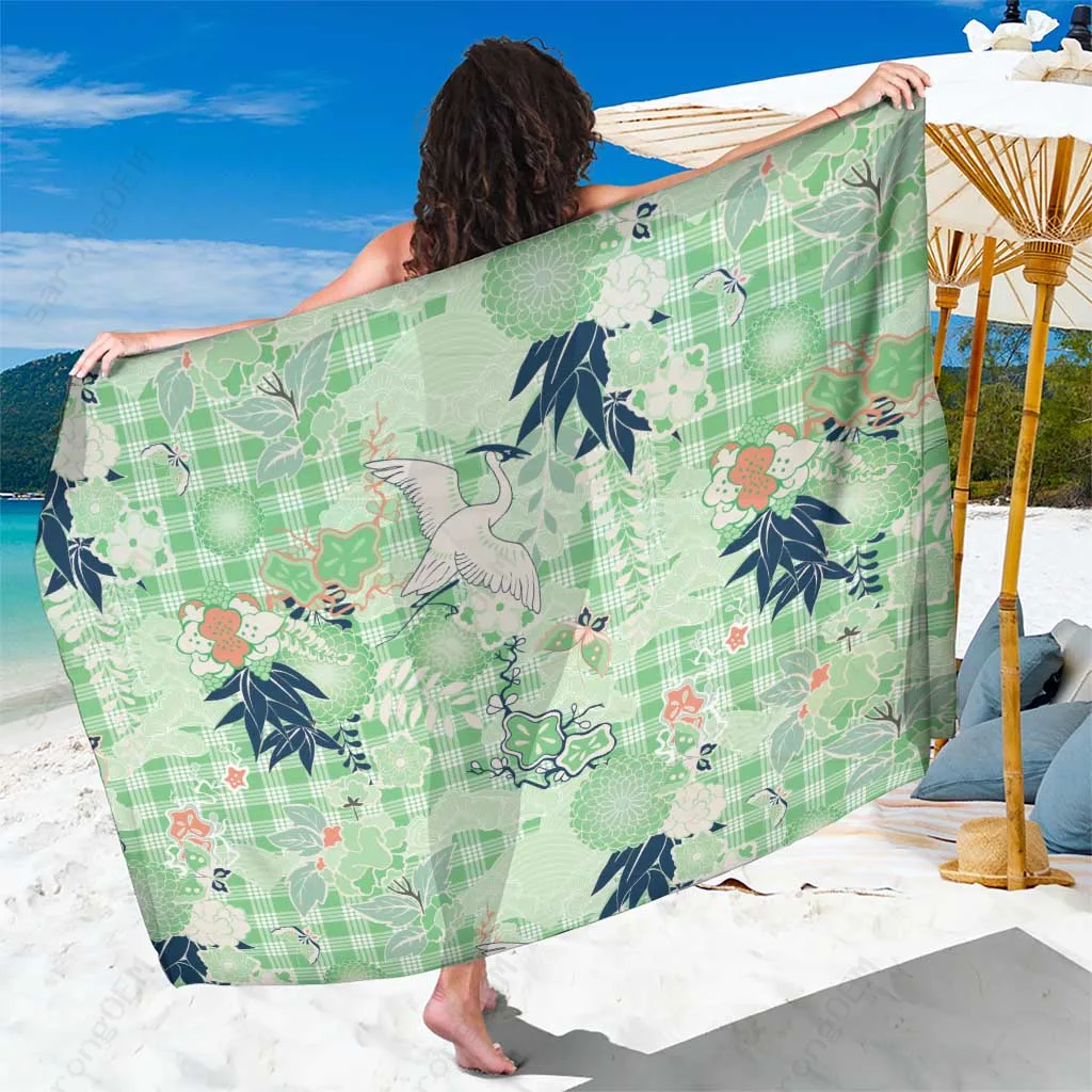 Green Palaka Crane & Flowers Print Sarong Japan Heritage Island Beach Wrap Wholesale Pareo - main view