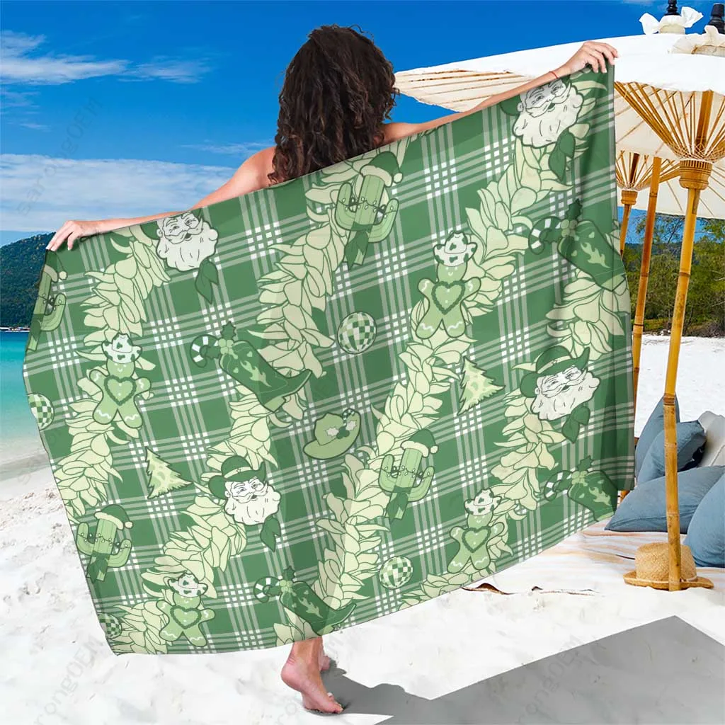 Green Palaka Plaid Hawaii Cowboy Christmas Sarong Paniolo Mix Maile Lei Beach Wrap Wholesale Pareo - main view