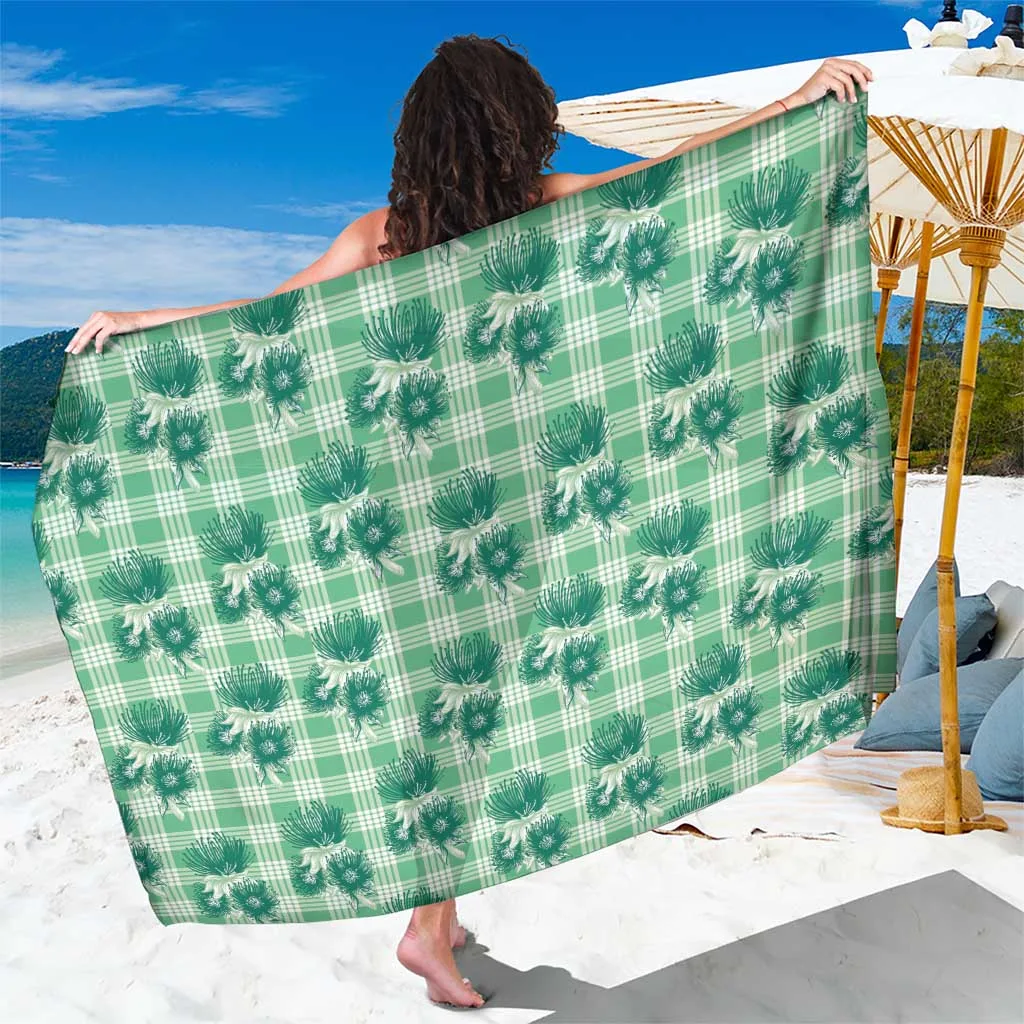 Green Palaka Hawaii Sarong with Hawaiian Lehua Blossoms and Palm Print Tropical Beach Wrap Wholesale Pareo - main view