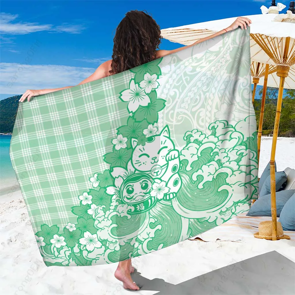 Green Palaka Hawaiian Sarong with Maneki Neko & Sakura Bloom Print Beach Wrap Pareo Wholesale - related