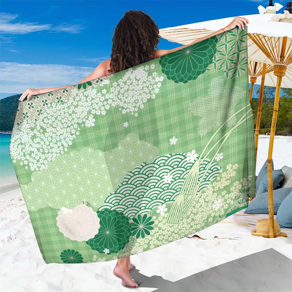 Green Palaka Japanese Asanoha Seigaiha Sakura Print Sarong Polynesian Resort Beach Wrap Wholesale Pareo - main view