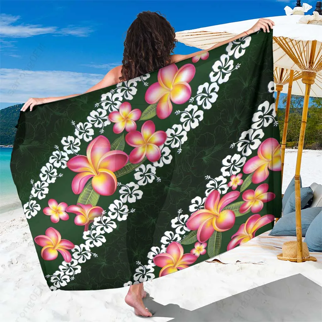 Green Polynesia Sarong Plumeria Hibiscus Tropical Print Beach Wrap Cover Up Wholesale Pareo