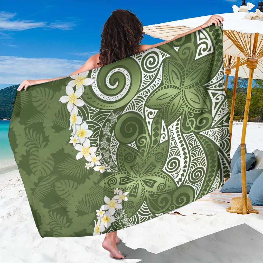 Green Polynesian Tribal Frangipani Tropical Vibe Sarong - main view