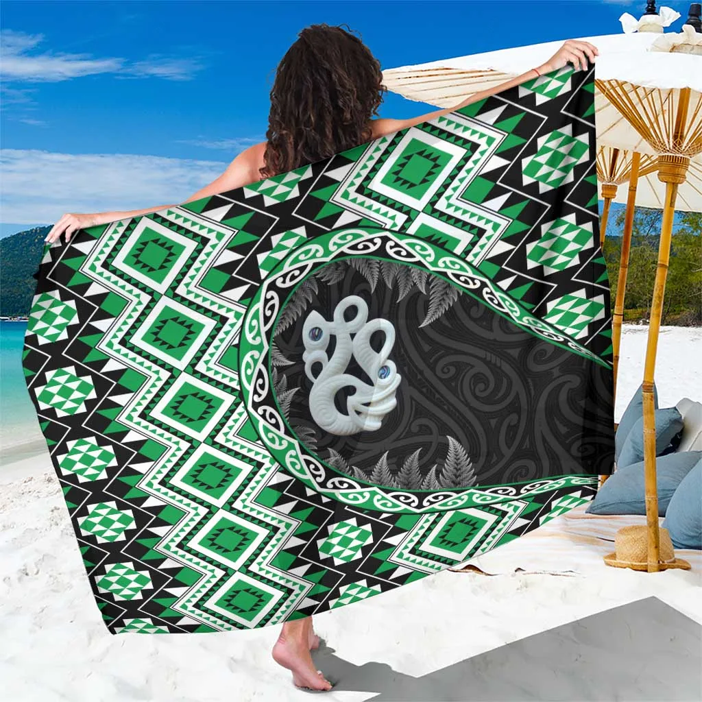 Green Taniko Motif Manaia & Silver Fern Sarong Polynesian South Pacific Beach Wrap Pareo Wholesale - main view