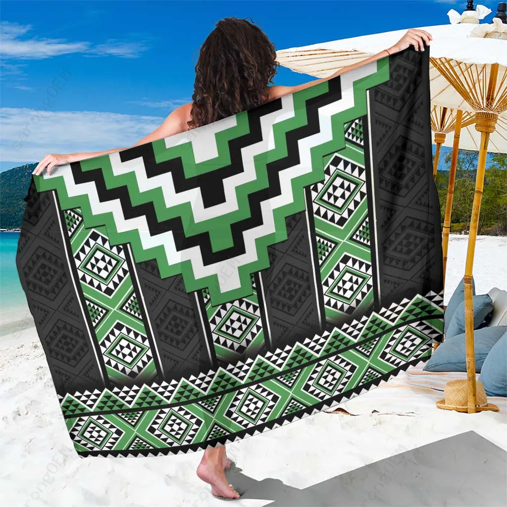 Green Niho Taniwha Poutama Mix Print Sarong South Pacific Beach Wrap Resort Cover Up Wholesale Pareo - related