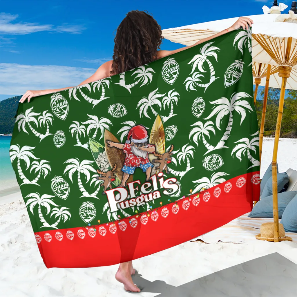 Red Tropical Christmas Sarong with Coconut Tree Hibiscus Santa Pattern Guam Island Beach Wrap Wholesale Pareo - main view