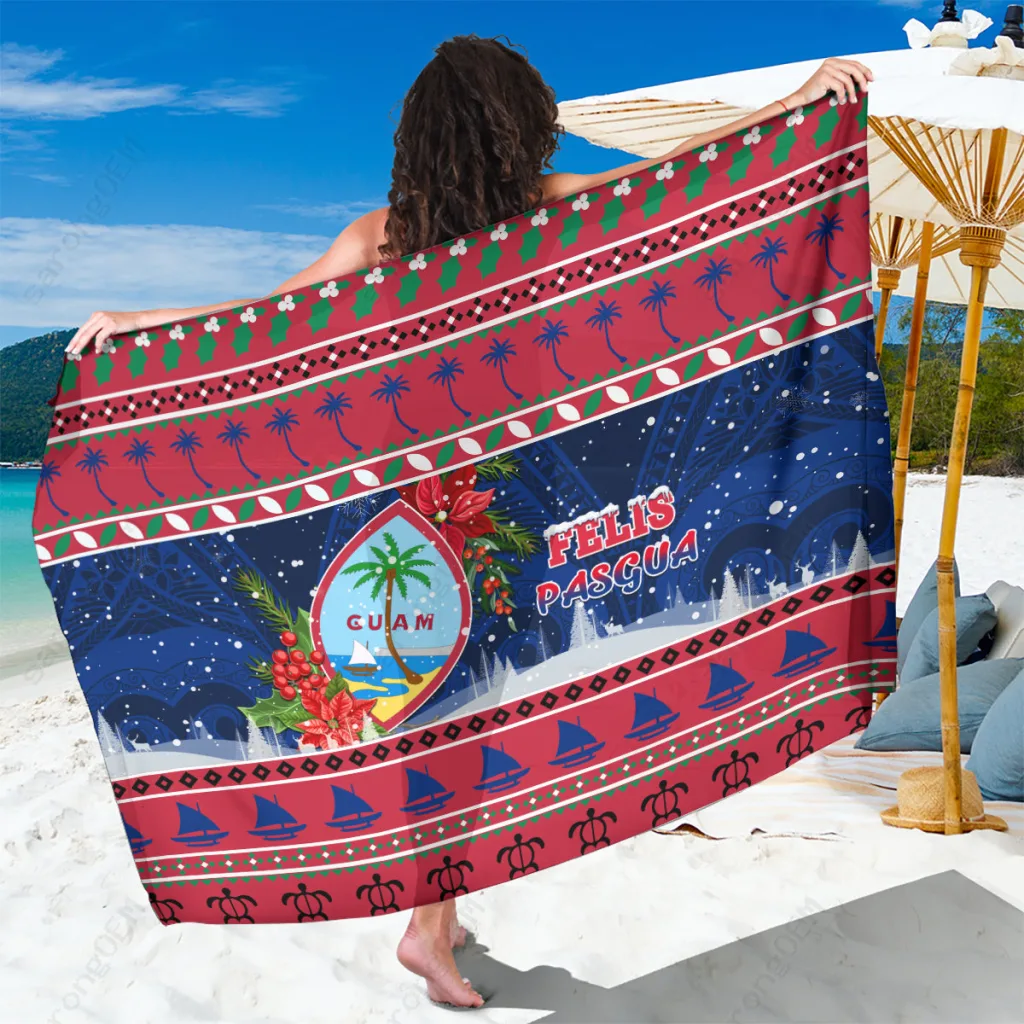 Red Poinsettia Guam Seal Christmas Print Sarong Tropical Beach Wrap Wholesale Pareo - main view