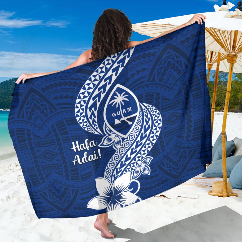 Blue Polynesian Floral Hibiscus Tribal Print Sarong Beach Wrap Pareo Island Vacation Cover Up Wholesale