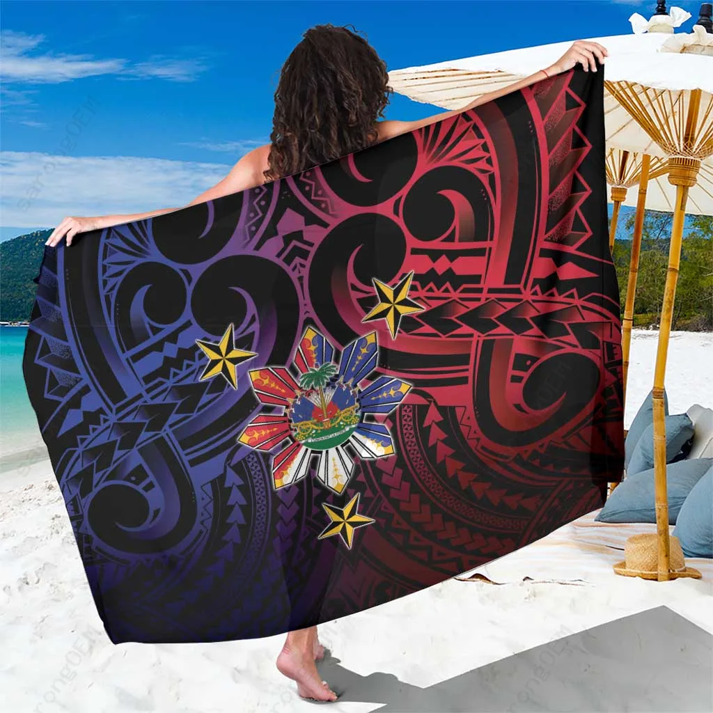 Yellow Haiti Philippines Sun Emblem Turtle Hibiscus Print Sarong Beach Wrap Polynesian Island Cover Up Wholesale Pareo - main view