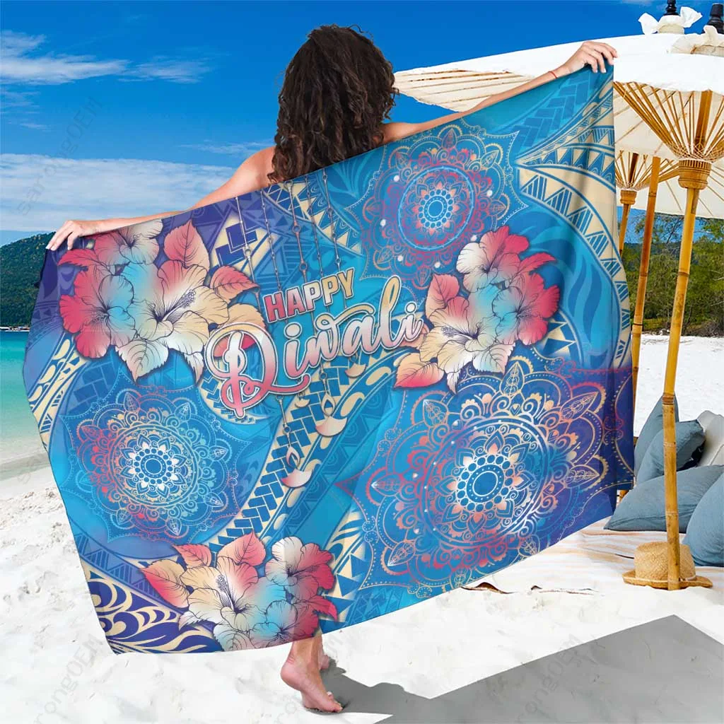 Multicolor Diya Lamp Rangoli Polynesian Pattern Print Sarong Beach Wrap Pareo for Resort Hotel Wholesale Custom - main view