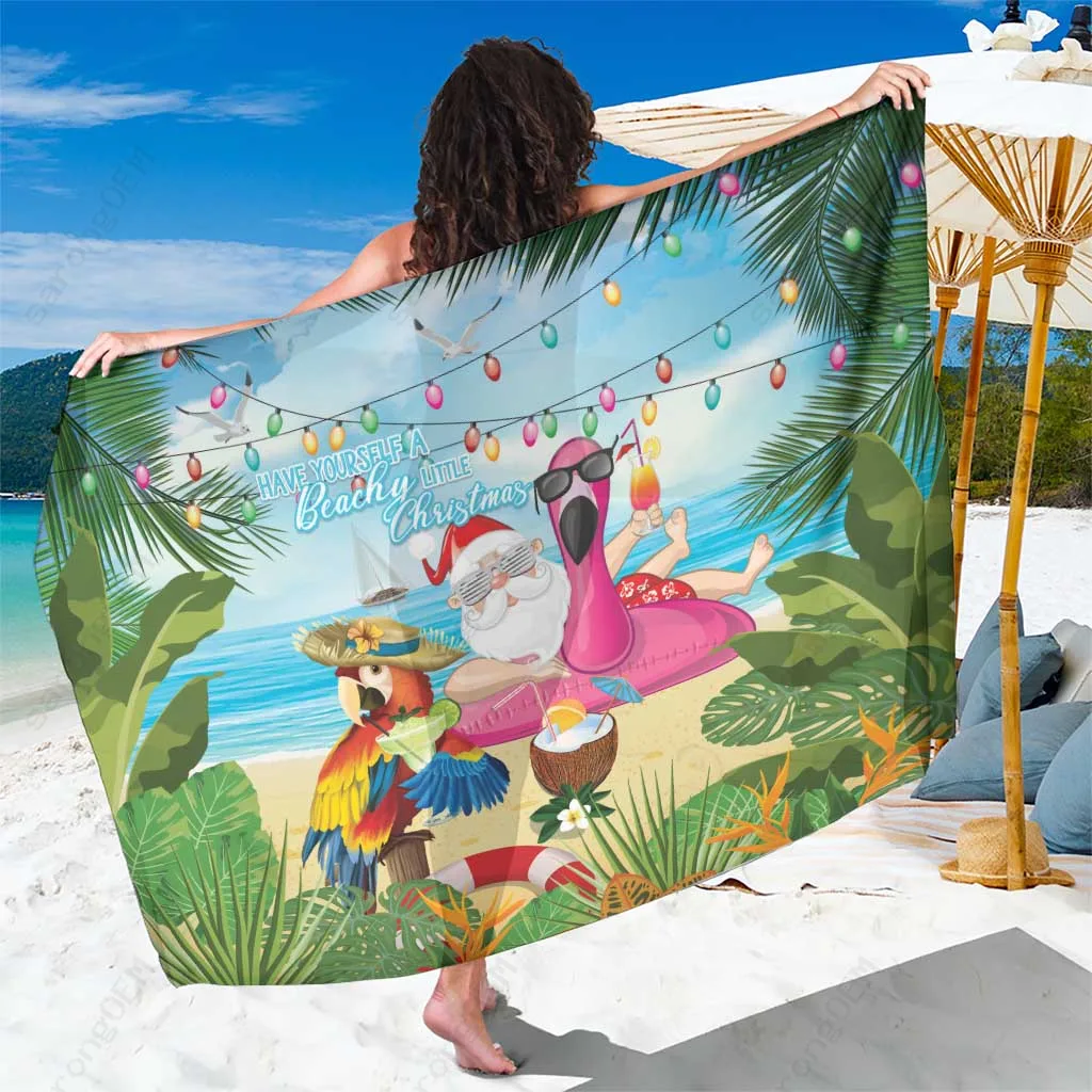 Red Santa Christmas Tree Snowflake Print Sarong Tropical Holiday Beach Wrap Wholesale Pareo - main view