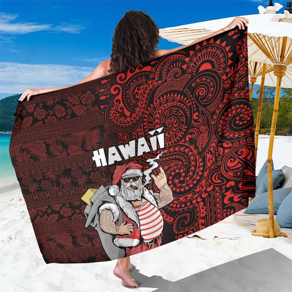 Red Gold Tattoo Santa Claus Hibiscus Print Sarong Hawaii Polynesian Christmas Beach Wrap Party Pareo Wholesale - main view