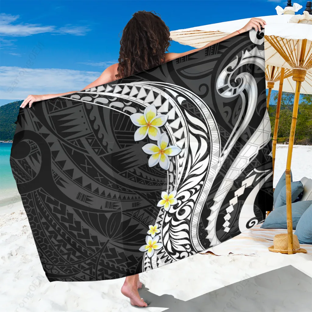 Black Vintage Hawaii Plumeria Floral Print Sarong Polynesian Beach Wrap for Resort Hotel Wholesale Pareo - main view