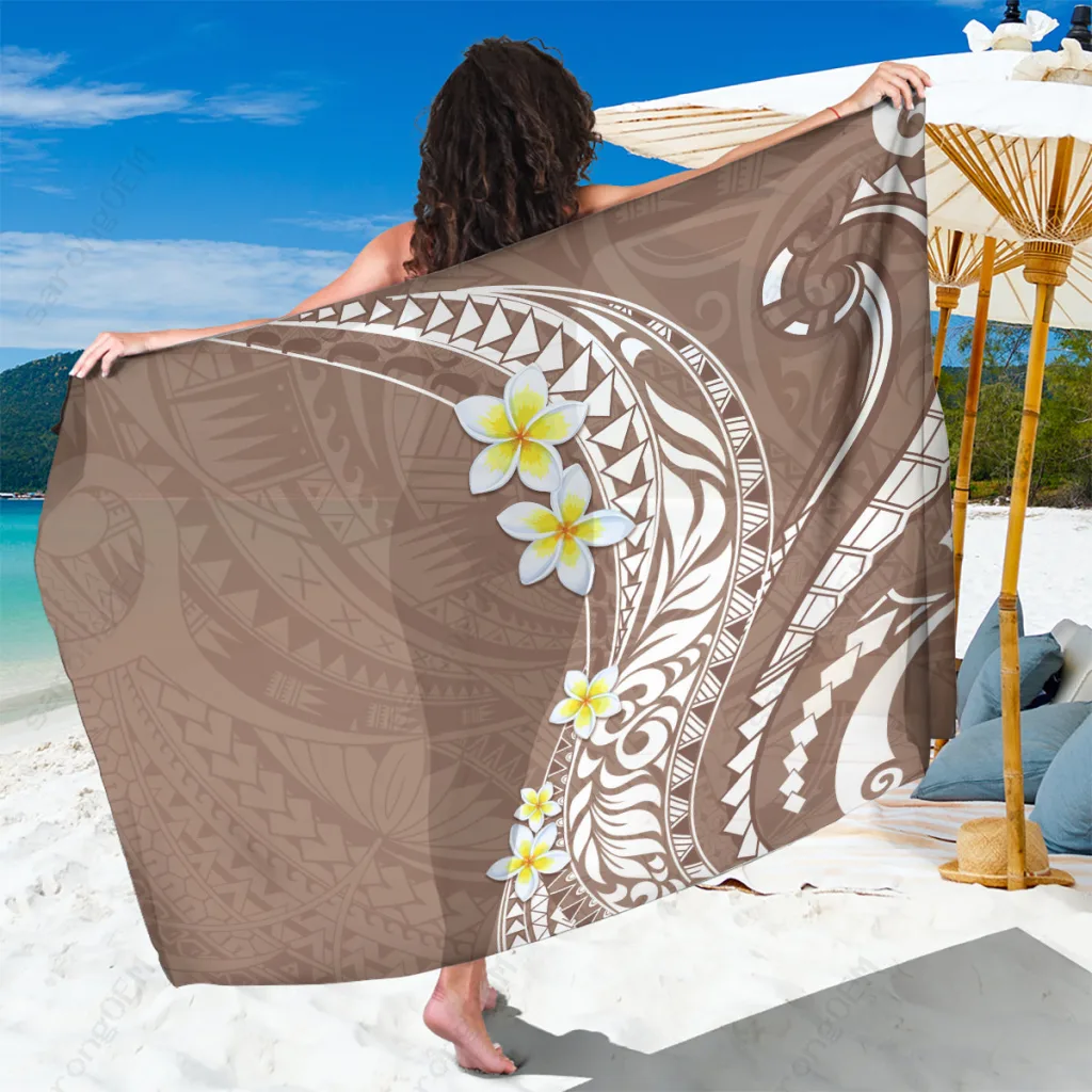 Brown Vintage Plumeria Hawaii Tropical Floral Print Sarong Polynesian Beach Wrap Wholesale Pareo - main view