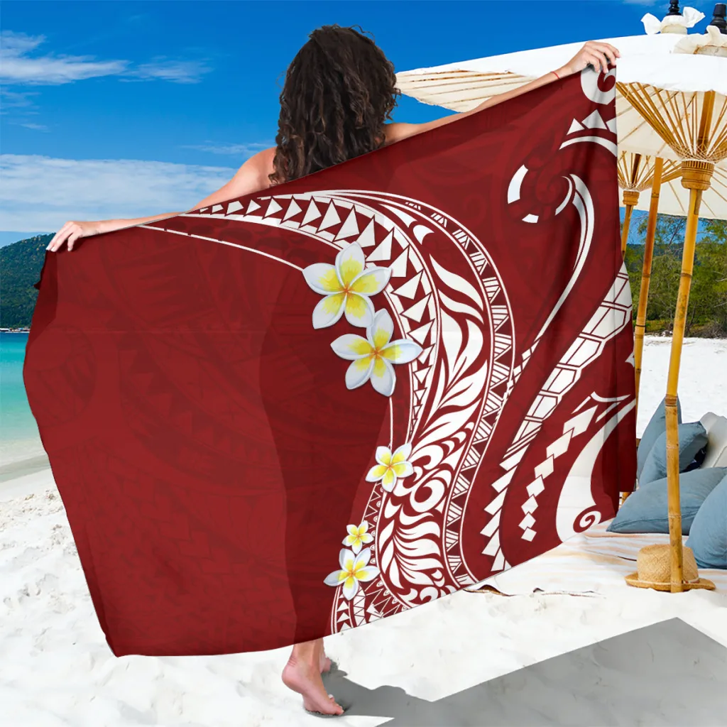 Hawaii Aloha Sarong Plumeria Vintage Crimson - main view