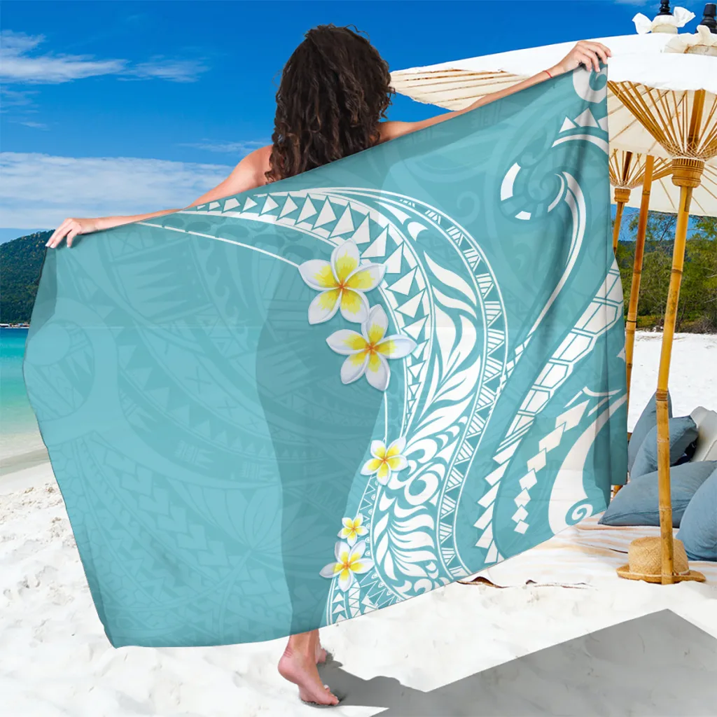 Turquoise Vintage Hawaii Plumeria Hibiscus Print Sarong Beach Wrap Polynesian Island Resort Cover Up Wholesale Pareo - main view