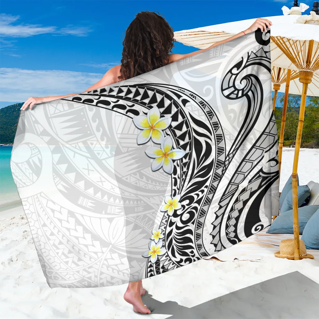 White Plumeria Hawaii Tropical Floral Print Sarong Beach Wrap South Pacific Resort Cover Up Wholesale Pareo - main view