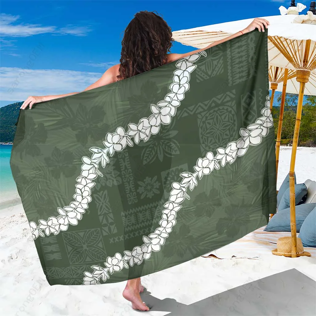 Sage Green Hawaii Plumeria Lei Patchwork Print Sarong Beach Wrap Polynesian Style Wholesale Pareo - main view