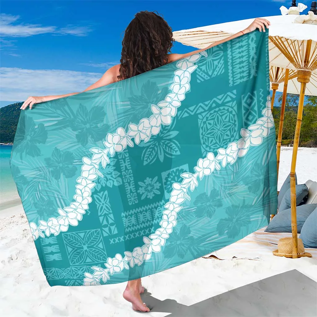 Teal Hawaii Aloha Sarong with Plumeria Lei Quilt Patch Print Beach Wrap Wholesale Pareo - main view