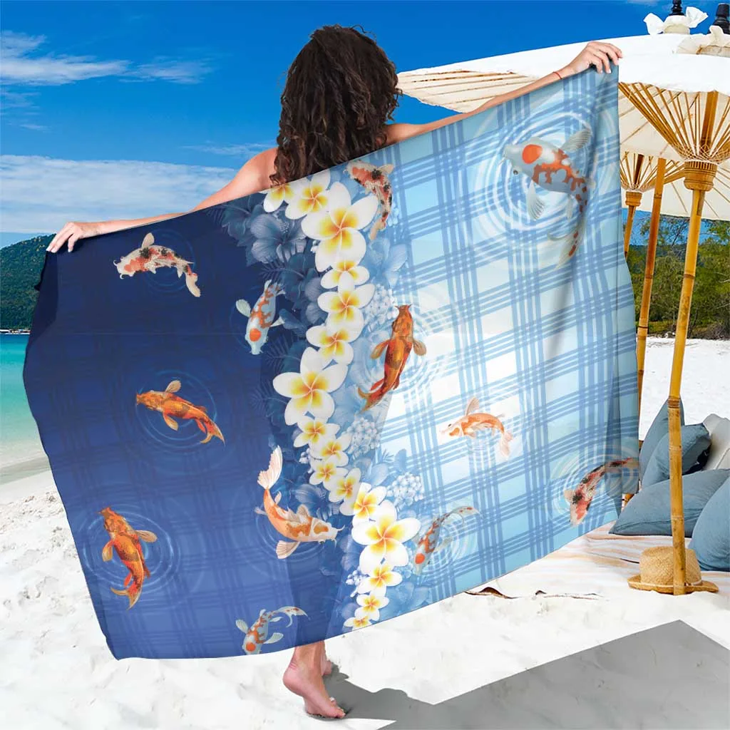 Blue Hawaii Plumeria Lei Koi Fish Print Sarong Tropical Island Beach Wrap Wholesale Pareo - main view