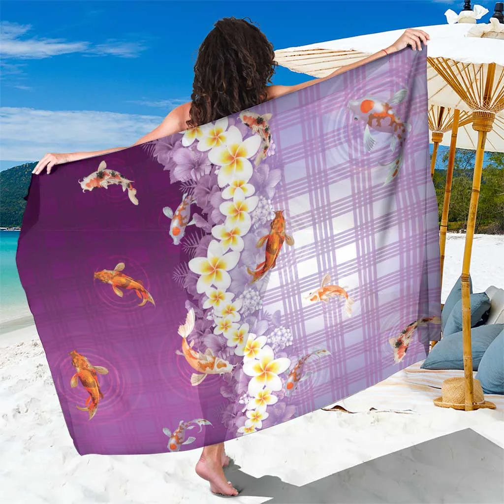 Purple Plumeria Lei Koi Fish Tropical Floral Print Sarong Hawaii Beach Wrap Wholesale Pareo - main view