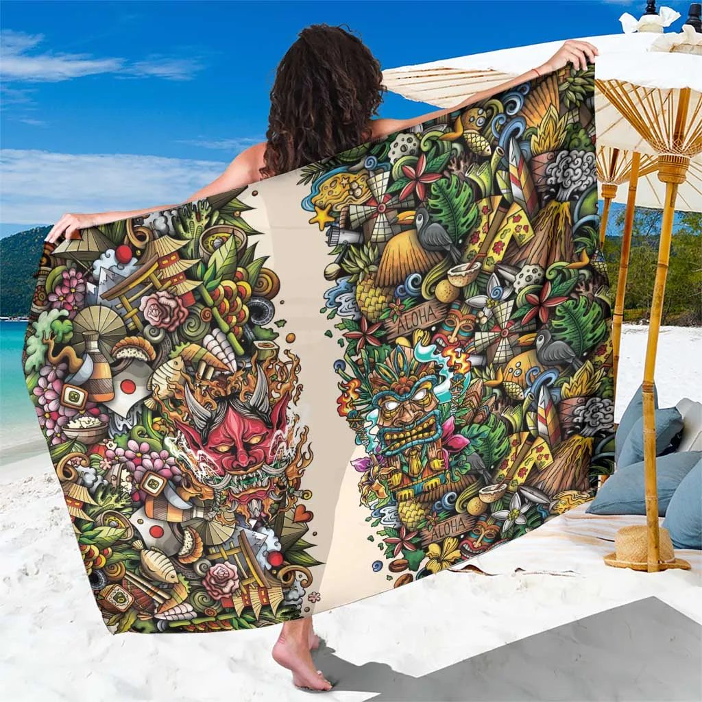 Black Oni Mask Tiki Totem Mandala Print Sarong Hawaii Polynesian Beach Wrap Cover Up Wholesale Pareo - related