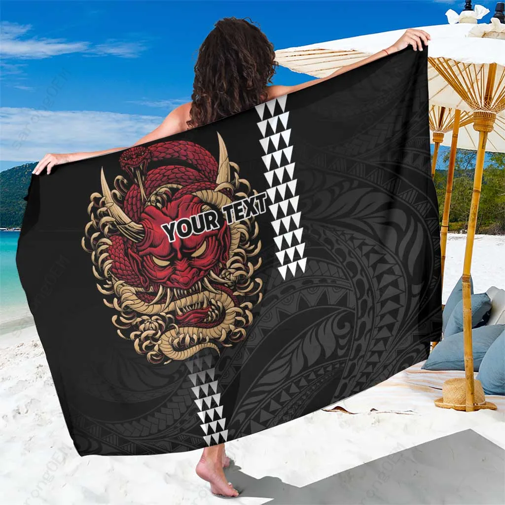 Black Oni Mask Japanese Hannya Tribal Dark Art Print Sarong Beach Wrap Hawaii Style Custom OEM Pareo - main view