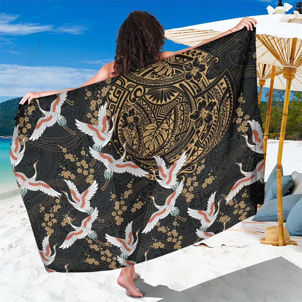 White Hawaiian Cranes Birds Kakau Pattern Print Sarong South Pacific Tropical Beach Cover Up Wholesale Pareo - main view