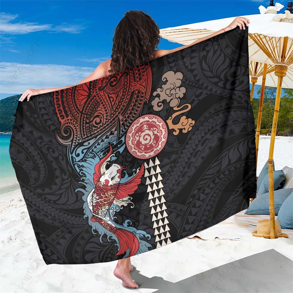 黑底锦鲤夏威夷图腾印花纱笼热带度假酒店沙滩披巾批发Sarong - related