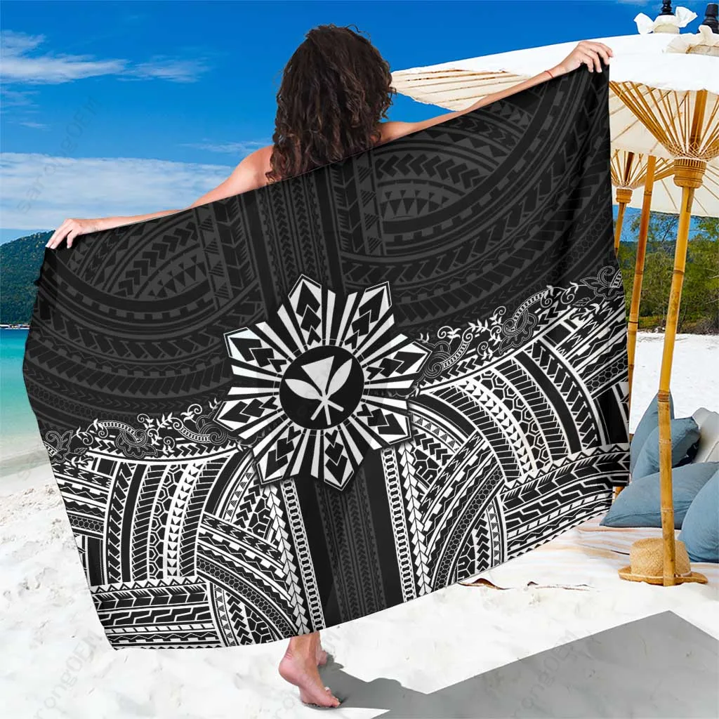 Black Polynesian Pattern Sarong Hawaii Beach Wrap Pareo with Tropical Floral Print Bulk OEM