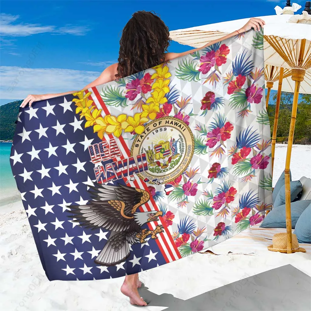 Black Hawaii State Seal Bald Eagle USA Flag Print Sarong Beach Wrap Tropical Island Resort Cover Up Wholesale Pareo - main view