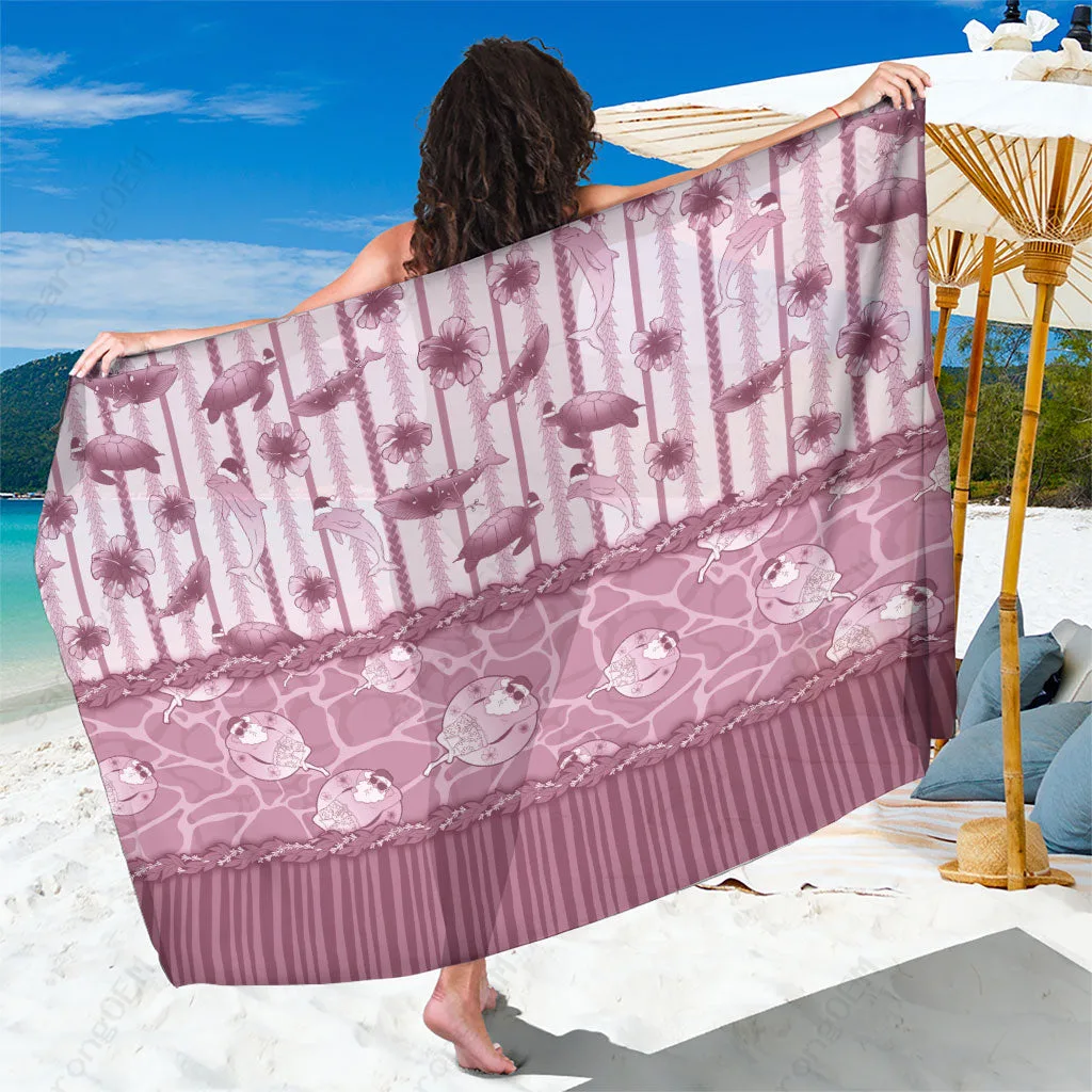 Dusty Pink Christmas Sea Animals Hibiscus Print Sarong Hawaii Tropical Beach Wrap Wholesale Pareo - main view