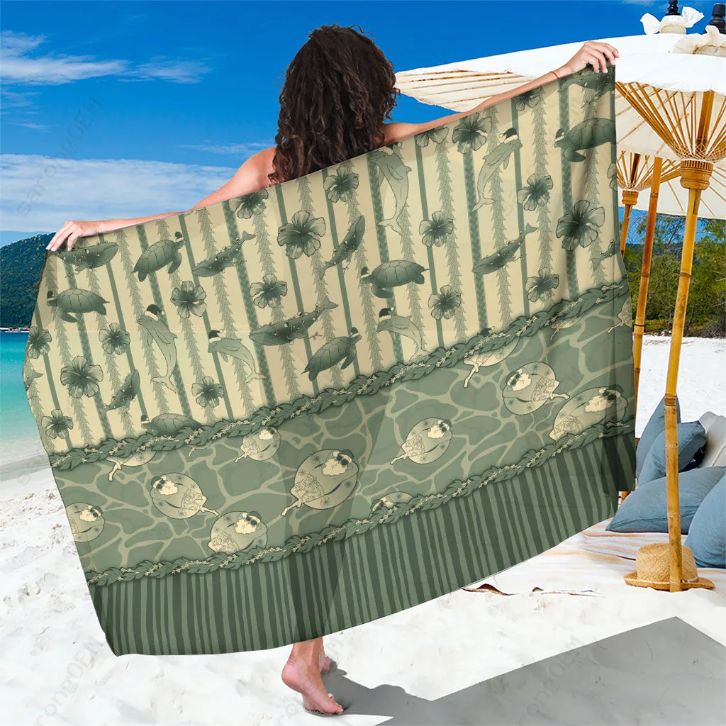 Olive Green Hawaii Christmas In July Sarong with Sea Animals Mele Kalikimaka Print Beach Wrap Pareo Wholesale - main view